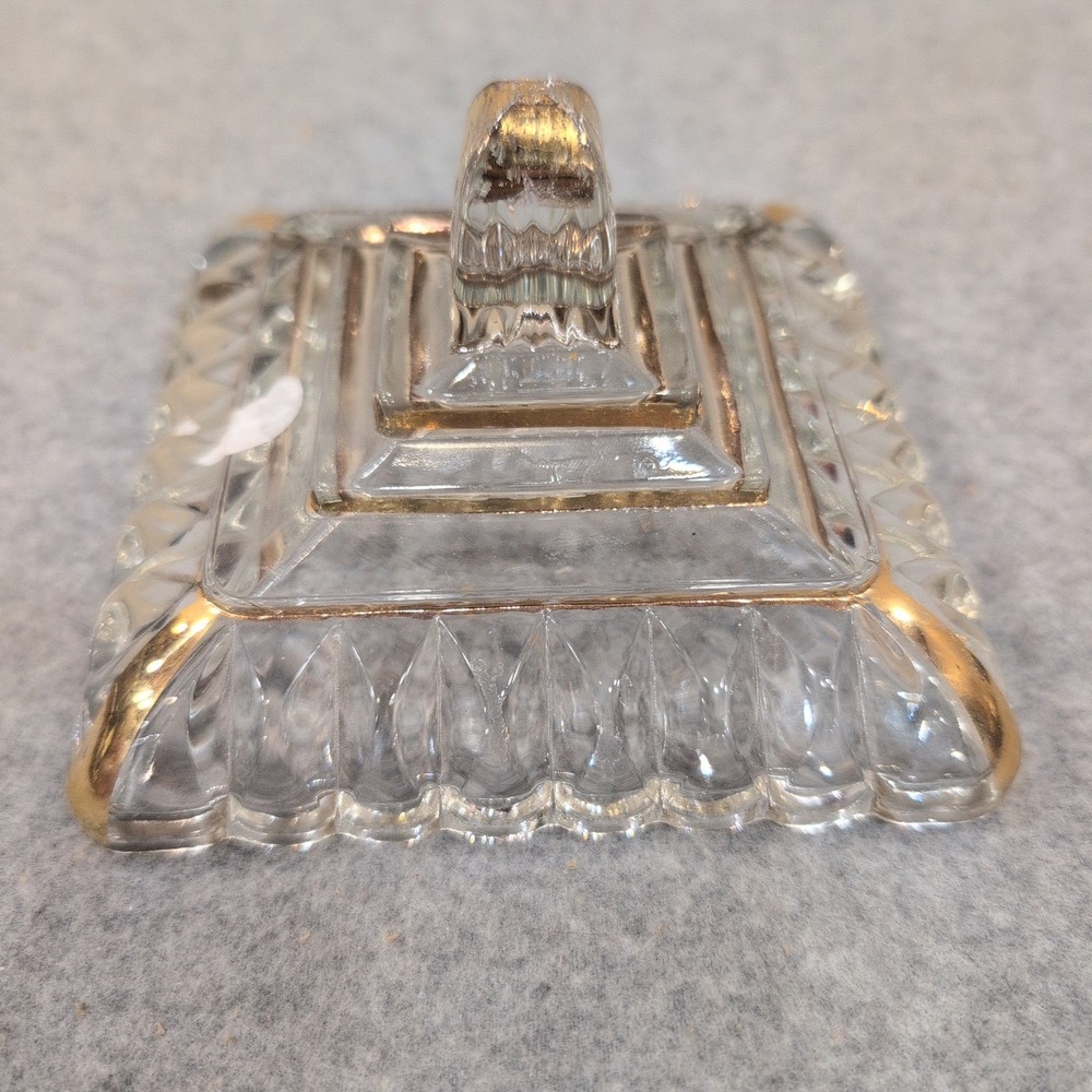 Vintage Clear Pressed Glass Square Pedestal Dish Gold Trim Thumbprint Pattern - Picture 9 of 9